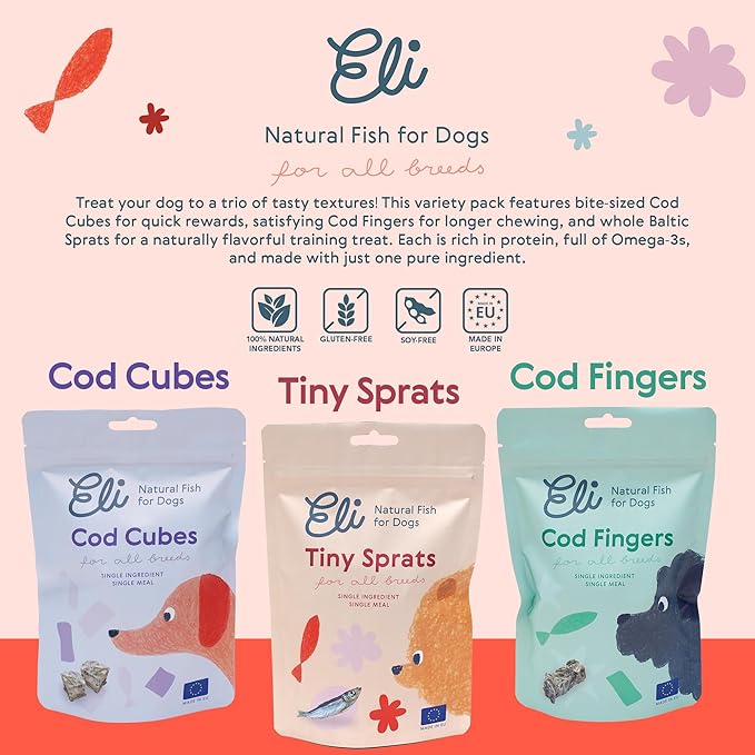 Eli Natural Fish Mix 3 Pack – Natural Premium Dog Treats, Cod Skin Dental Treats, Rich in Protein & Omega-3, Low Fat, Grain Free, Single Ingredient, Hypoallergenic, Gluten Free, Air Dried Fish Treats