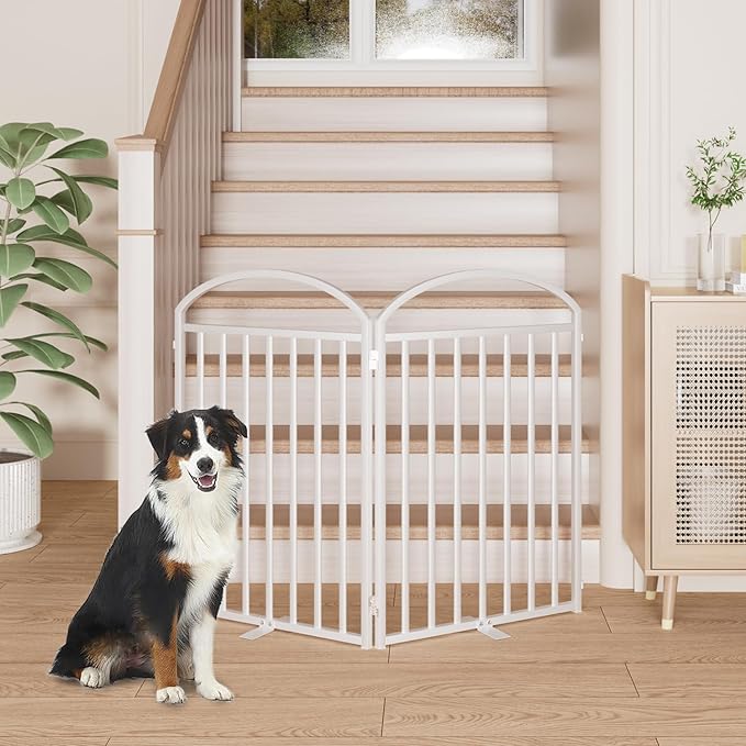 2 Panels Full Matel Freestanding Dog Gates with Door, 48"Extra Wide 32"Tall Free Standing Dog Pet Gate for Indoor & Outdoor. Foldable Pet Fences for Doorways, House, Stairs, Porch, Deck, Yard