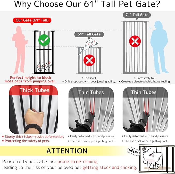 Lumizone Extra Tall Cat Gate 61.02" High Pressure Mounted Extra Wide 46.65"-50.78" (17Sizes) 1.37" Gap No Drilling Auto-Close Tall Pet Gate for Dogs (Black, 46.65"-50.78" W)