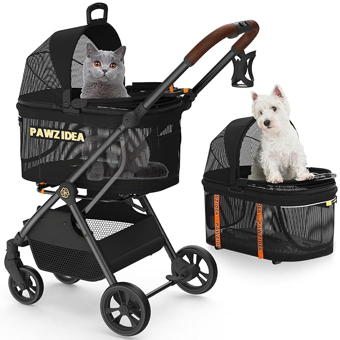 PAWZIDEA Pet Stroller 4 in 1, Cat Strollers with Detachable Carrier No-Zip Canopy, Portable Dog Crate for Car Seat Travel, Foldable & Lightweight Jogger for Small/Medium Dogs and Cats, Storage Basket