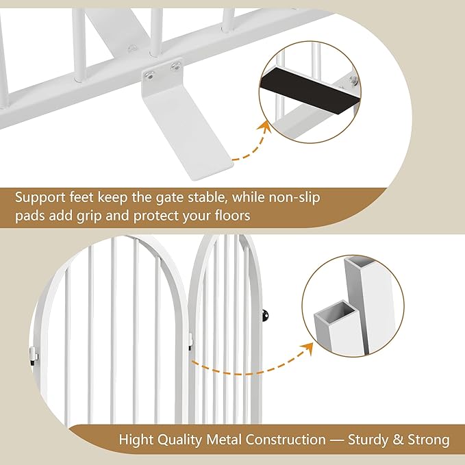 Full Metal Dog Gate for Indoor Outdoor, 24" Tall Free Standing Pet Dog Fence, 54" Wide Arched Pet Gates for Stairs, Hallways, Doorways, Kitchen, Decks, Yards (White, 3 Panels)