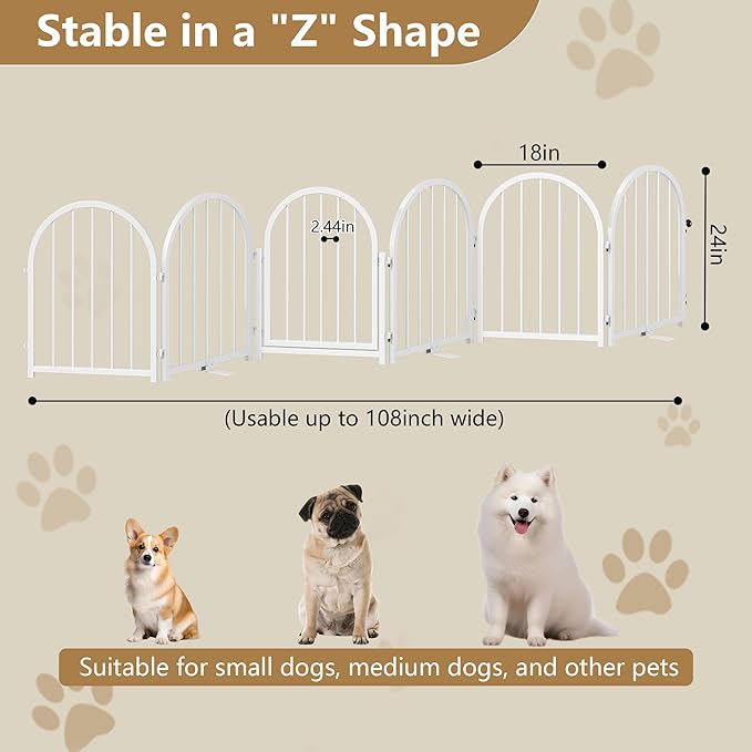 Full Metal Dog Gate with Door for Indoor Outdoor, 24" Tall Free Standing Pet Dog Fence, 108" Extra Wide Pet Gates for Stairs, Hallways, Doorways, Kitchen, Decks, Yards (White, 6 Panels)