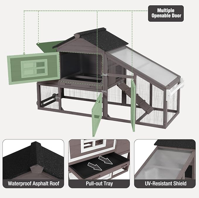 Chicken Coop with Wheels, Mobile Outdoor Chicken House with Leakproof Pull-on Tray, Nesting Box, Waterproof Roof - Brown