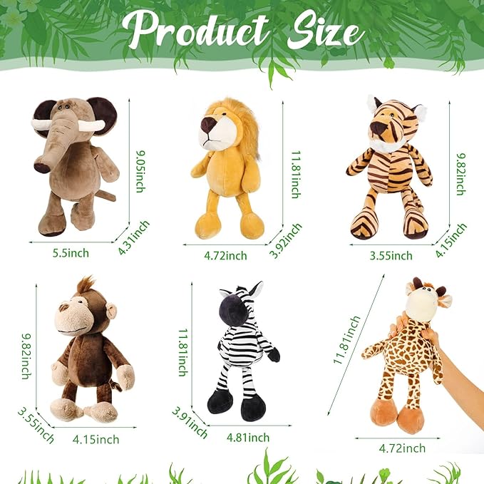 18 Pcs Safari Stuffed Animal, Plush Jungle Animal Toys for Girls Boys, 11.8'' Giraffe Lion Zebra 9.8'' Tiger Monkey 9'' Elephant for Adopt a Pet Party Favor Birthday Gifts Class Award
