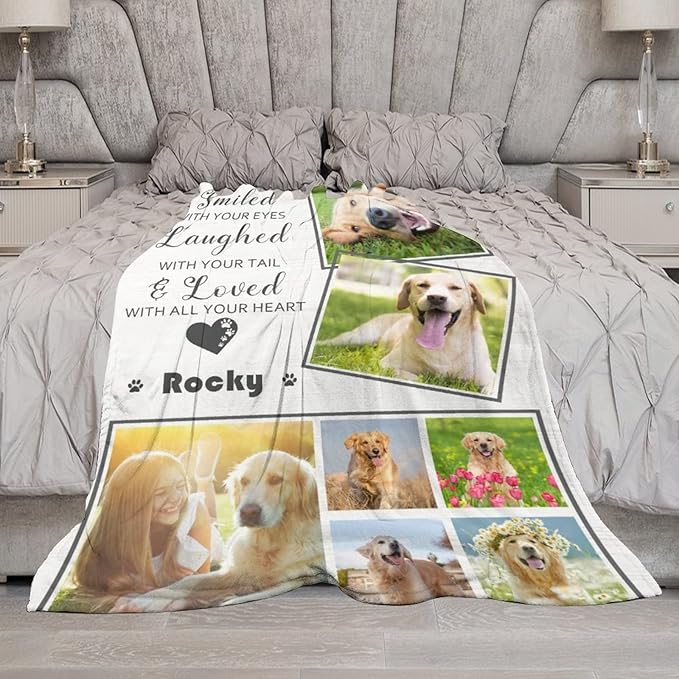 Personalized Throw Blanket with Dog Photo,Dogs Memorial Blankets Customized with Name for Dog Pet Cat Loving Remembrance Custom Soft Fleece Throw Blankets Memory Gift for Family and Friends