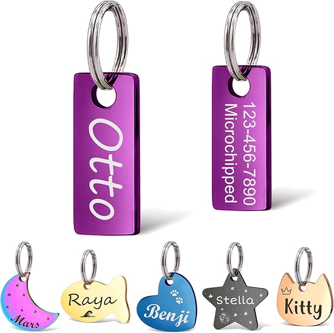 Anavia Small Size Dog Cat ID Tags, Small/XS Personalized Color Plated Stainless Steel Puppy Kitten Name Tags, Customized Engraved Nameplate Pet Collar Tag (Purple, XS-Rectangle)