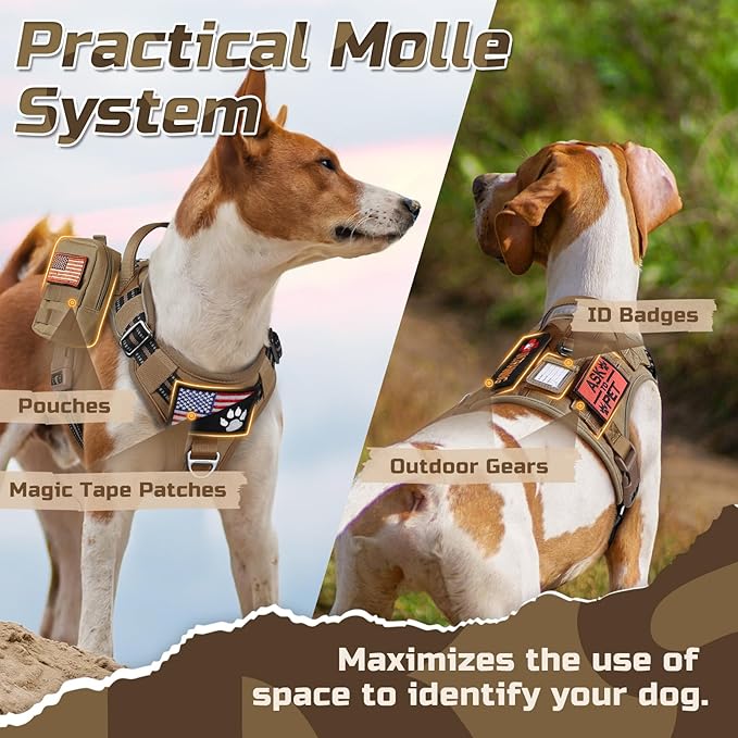 rabbitgoo Tactical Dog Harness Medium Sized Dog, No Pull Military Service Vest with Handle & Molle, Easy Control for Training Walking, Adjustable Reflective Straps, Brown, M