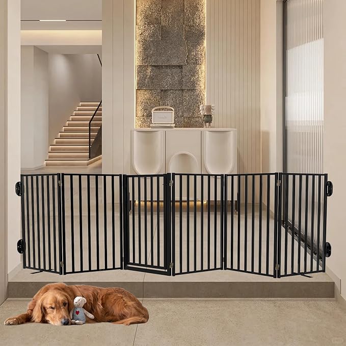 Full Metal Freestanding Dog Gates with Door, 32" Height Dog Fences for Indoor & Outdoor, Extra Wide Foldable Pet Gates for Stairs, Hallways, Doorways, Yard (6 Panels, 120" W × 36" H)