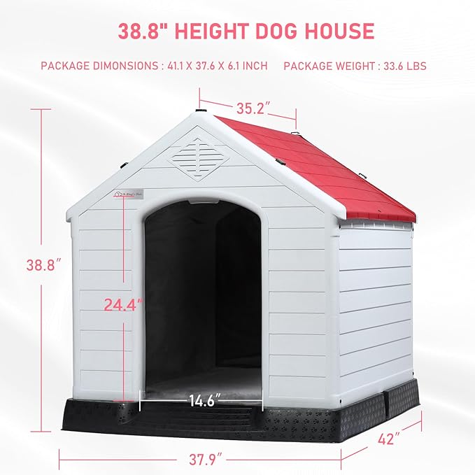 LEMBERI Durable Waterproof Plastic Dog House for Small to Large Sized Dogs, Indoor Outdoor Doghouse Insulated Puppy Shelter with Elevated Floor, Easy to Assemble (Red with Liner, 42''L*38''W*39''H)