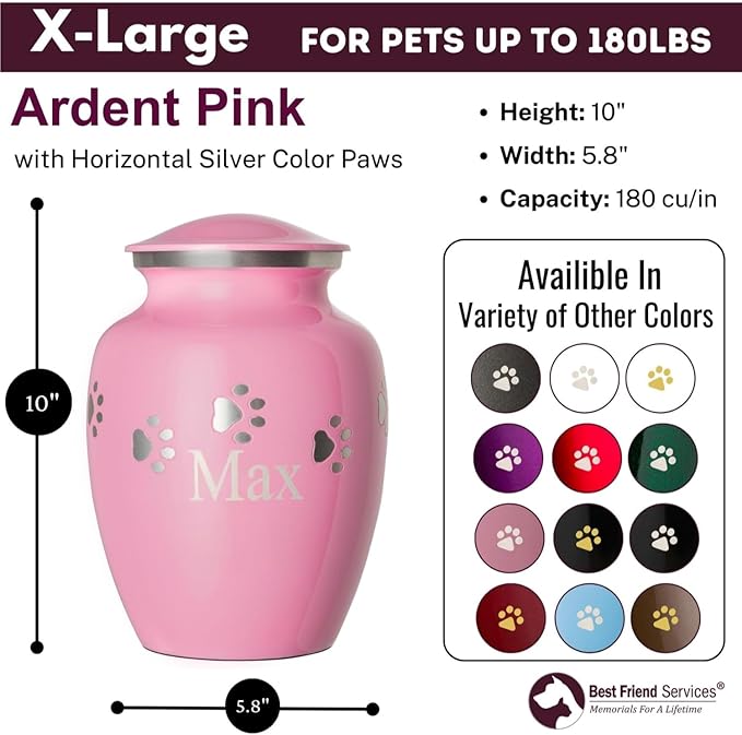 Pet Urn for Dogs and Cats with Personalized Laser Engraving, Ottillie Paws Premier Series Memorial Urns (X-Large Ardent Pink with Horizontal Pewter Paws)