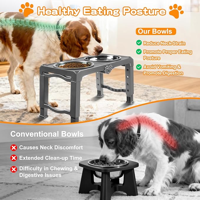 Elevated Dog Bowl Stand Foldable with Dual 7.8" Stainless Steel Bowls, 5 Adjustable Heights (3.9"-13.4"), Anti-Slip Portable Travel Pet Feeder, Fits 5.5"-27" Shoulder Height Dogs, Grey