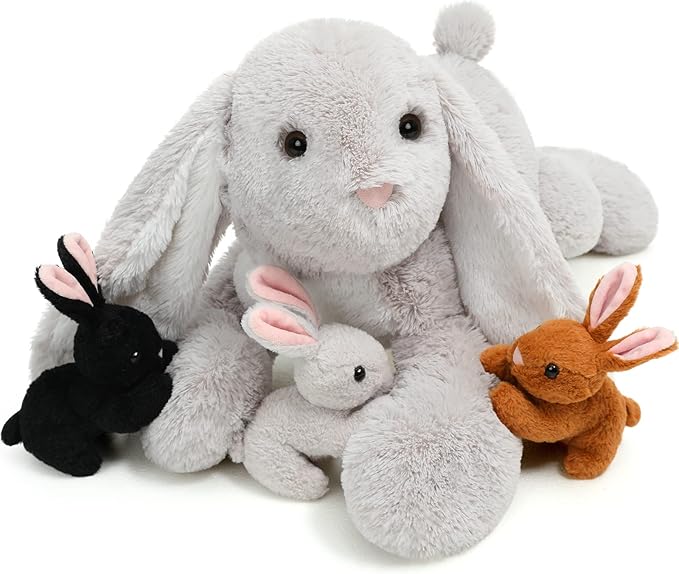 4 Pcs Bunny Stuffed Animal - Large Stuffed Rabbit Plush Toys for Kids - Cuddly Mommy Bunny Surprise with 3 Small Bunnies