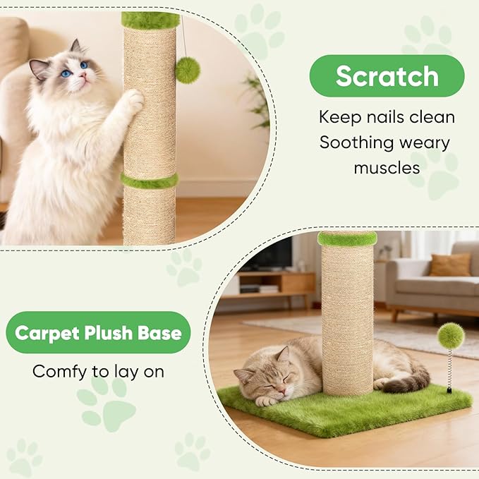 XiaZ Cat Scratching Post 34'' Tall, Cat Tower Scratcher Extra Wide 15.8" Stable Base with 4 Non-Slip Pads, 2 Toy Balls, Natural Sisal & Plush Fabric for Small Medium Large Cats (Green, 4.5in)
