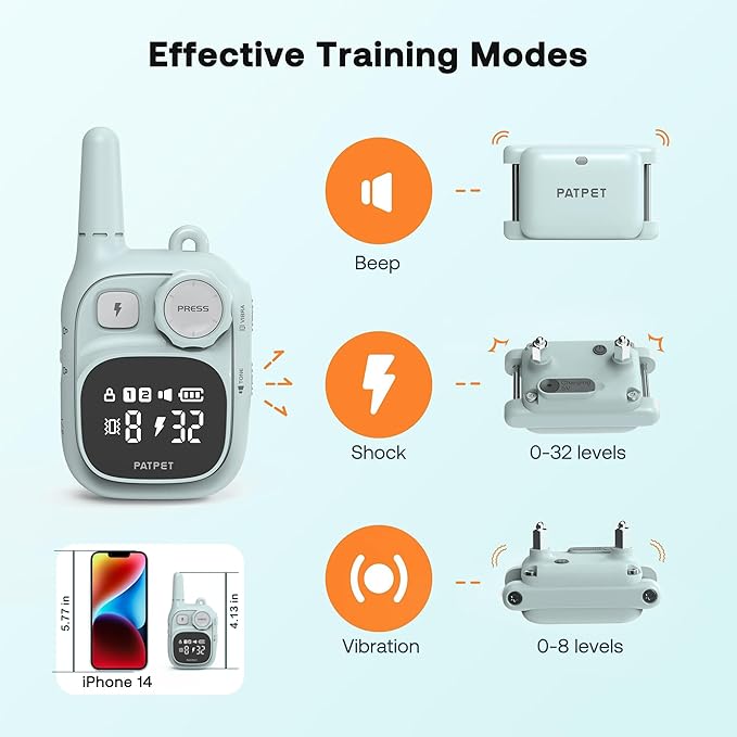PATPET Dog Training Collar - IPX7 Waterproof Static Collar for 8-100lbs Small Medium Large Dogs, 1800ft Rechargeable Dog Trainer, 3 Safe Modes, Blue