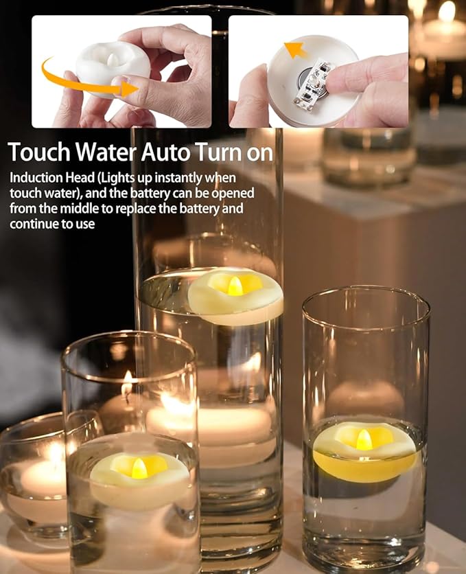 24 x 2”Floating Candle, 200 Hour Water Activated Warm White Battery Powered Flameless LED Floating Candle Floating for centerpieces/Bathtub/Pool/Fountain