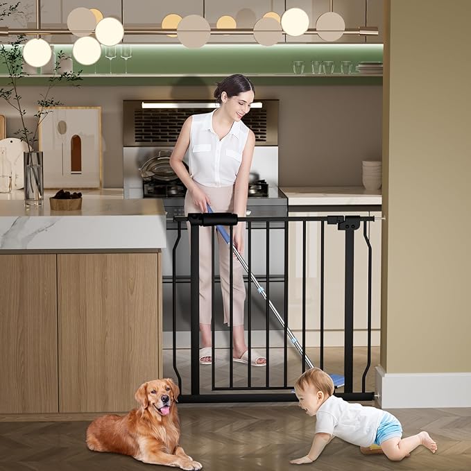 Extra Wide Baby Gate Extra Wide Extra Tall Dog Gates for Stairs Doorways Black Metal Tension Indoor Safety Gates with Pressure Mount 34-38.5 Inch Wide