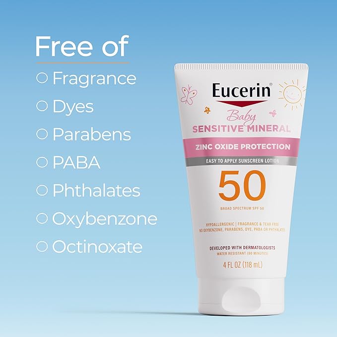 Eucerin Sun Sensitive Mineral Baby Sunscreen Lotion SPF 50 with Zinc Oxide Protection,Hypoallergenic Mineral Sunscreen for Babies,Tear Free and Fragrance Free,4 Fl Oz Tube,(Pack of 2)