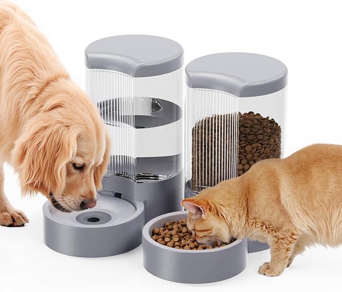 Pet Feeder and Water Dispenser Automatic for Dogs Cats,Waterer and Gravity Food Feeder for Small & Medium Dogs Cats Puppies,6-Pound Food,1-Gallon Water, Easily Clean (Gray)