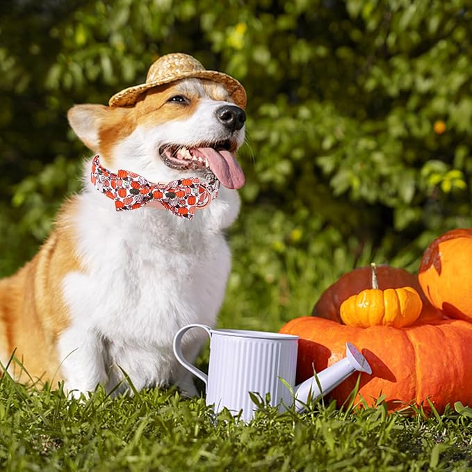 Unique Style Paws Halloween Day Dog Collar with Bow Pumpkin Cotton Dog Collars for Small Medium Large Dogs