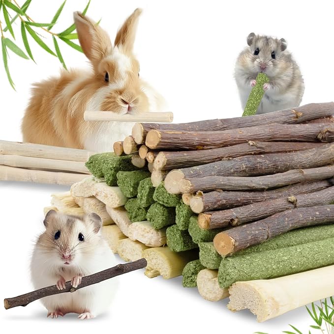 Sukh 300g Rabbit Toys - Natural Timothy Hay Sticks, Apple Stick and Sweet Bamboo Sticks Rabbit Treats Teeth Grinding Bunny Toys Sets for Rabbits, Squirrels, Guinea Pigs, Chinchilla