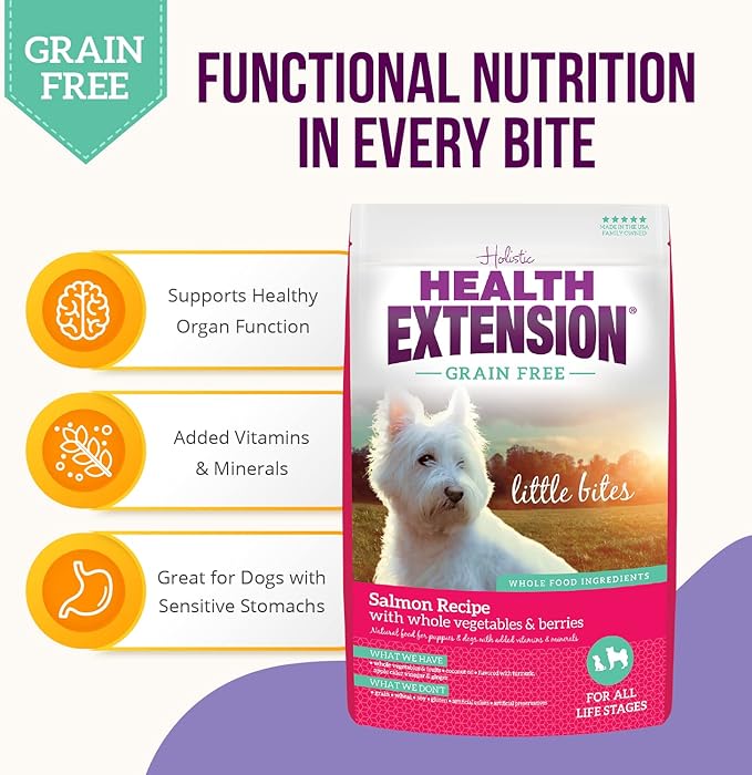 Health Extension Grain Free Salmon & Sweet Potato Little Bites Small Kibble Formula with 30+ Superfoods, Omega 3, and Probiotics for Teacups, Toys & Miniature Dogs (12lb)