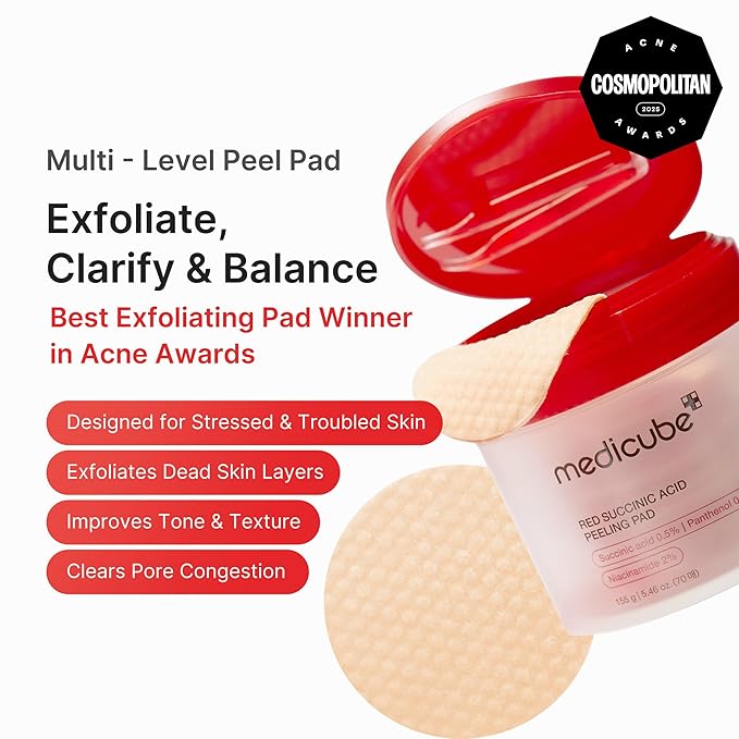 medicube Toner Pads Red Succinic Acid Panthenol Facial Peeling Pad | Exfoliating Toner Pad for Breakout-Prone Skin | Niacinamide, AHA, BHA, and Soothing Panthenol - Non-Comedogenic, 70 Pads (1 Pack)