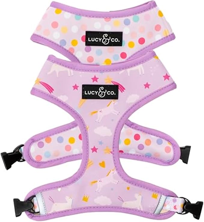Lucy & Co. Cute Reversible Dog Harness Walking Halter - Best Designer Pet Harnesses for XS - XL Dogs - Padded Adjustable Vest for Easy Walking (Small, Unicorn Magic - Purple & Pink Unicorns)