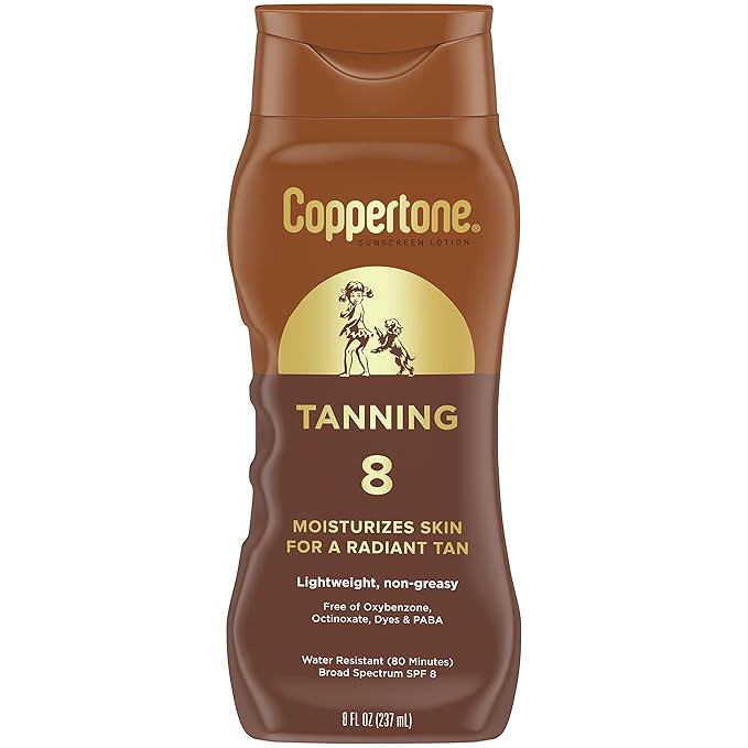 Coppertone Sunscreen Tanning Lotion SPF 8, Lightweight and Non Greasy Sunscreen, Water Resistant, Oxybenzone Free, Sun Tan Lotion Moisturizes Skin for a Radiant Tan, 8 Fl Oz Bottle, Pack of 2