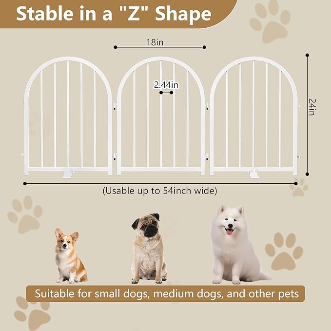 Full Metal Dog Gate for Indoor Outdoor, 24" Tall Free Standing Pet Dog Fence, 54" Wide Arched Pet Gates for Stairs, Hallways, Doorways, Kitchen, Decks, Yards (White, 3 Panels)