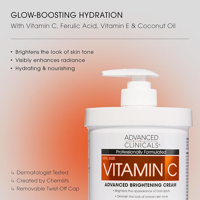 Advanced Clinicals Vitamin C Cream + Vitamin C Serum 2PC Skincare Set | Brightening Body Lotion & Facial Serum For Women & Men Helps Diminish Appearance Of Dark Spots, Wrinkles, & Uneven Skin Tone