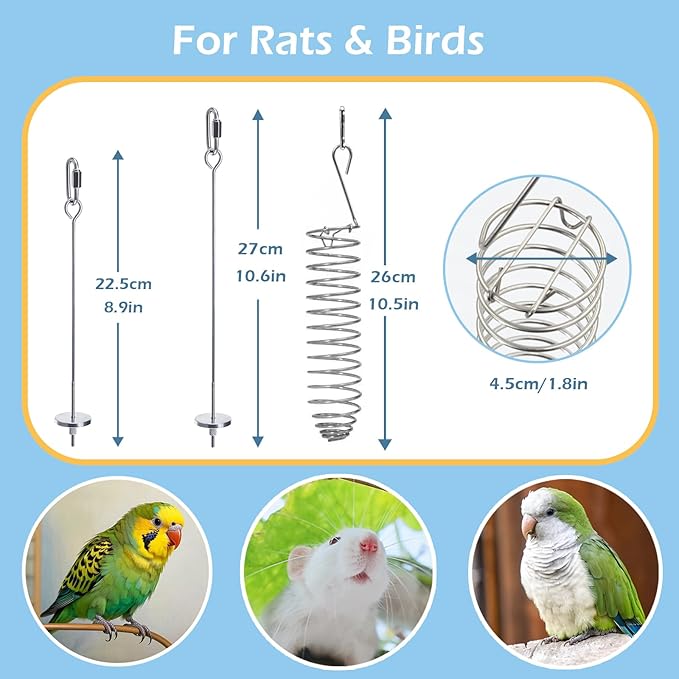 3Pcs Rat Enrichment Toys, 304 Stainless Steel Rat Foraging Toy for Fruit Vegetable Holder, Fancy Mice Cage Accessories Puzzle Toy, Hanging Rodent Toys Slow Feeder, Bird Foraging for Parakeet