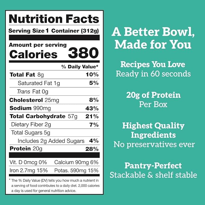 Born Simple Ready to Eat Meals with Sporks, Teriyaki Chicken Bowl, Improved Recipe - 20g Protein, Prepared Meal, Microwavable Entree, 11 oz (Pack of 6)
