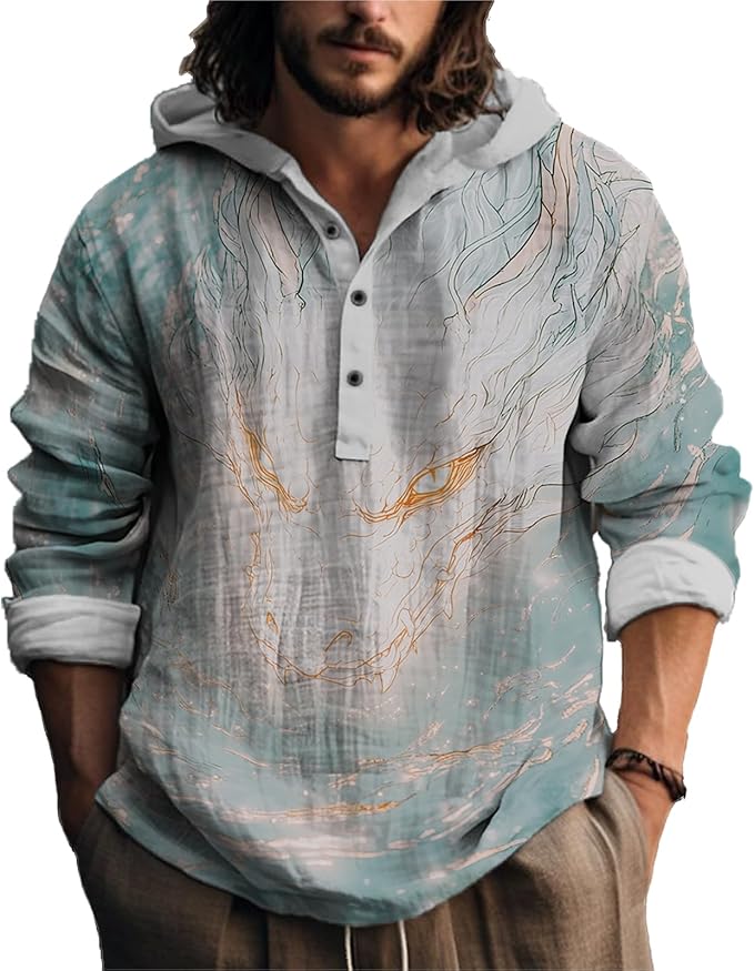 MARSVOVO Japanese Art Animal Hooded Shirt for Men Long Sleeve Quarter Button Lightweight Hoodie Cool Streetwear Tops