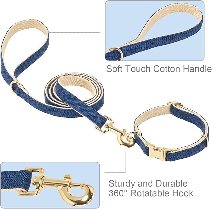 Soft Hemp Dog Collar and Leash Set Adjustable Woven Tweed Dog Collars with Metal Buckle and Lead for Small Medium Large Dogs,Royal Blue