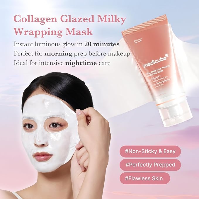 medicube Milky Collagen Double Glow Lock Duo: Collagen Glazed Milky Wrapping Mask and Booster Serum | 130DaCollagen, Niacinamide, Glutathione for Plumped, Radiant Glass Skin, Valentines Day Gifts