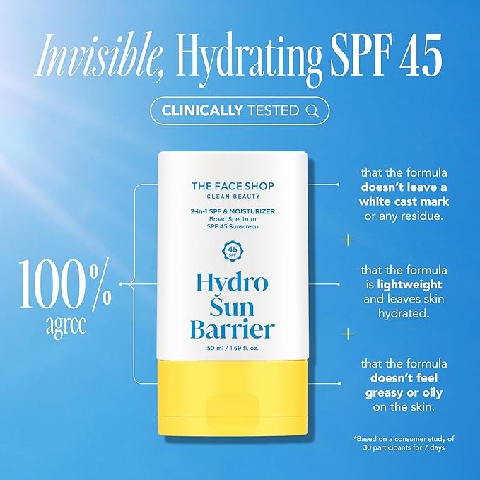 THE FACE SHOP Hydro Sun Barrier Moisturizer SPF 45, Daily Hydrating Facial Sunscreen & Moisturizer, for Oily Skin, Formulated with Calendula & Niacinamide, No White Cast, 1.69 Fl. Oz.