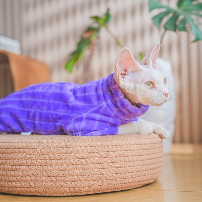 Turtleneck Sweater for Sphynx Cat Soft Coral Fleece Cat Clothes Thick Winter Warm Outfit Coat for Hairless Cats and Small Dogs Apparel with Sleeves (Purple, L (7-8.5 lbs))