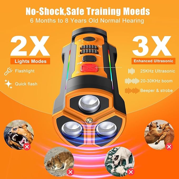 Dog Bark Deterrent Devices 2025 Release Anti Barking Device for Dogs Barking Silencer in 55FT 3X Head Anti Bark Device with Flashlight &Party Flashlight Portable Training Tool