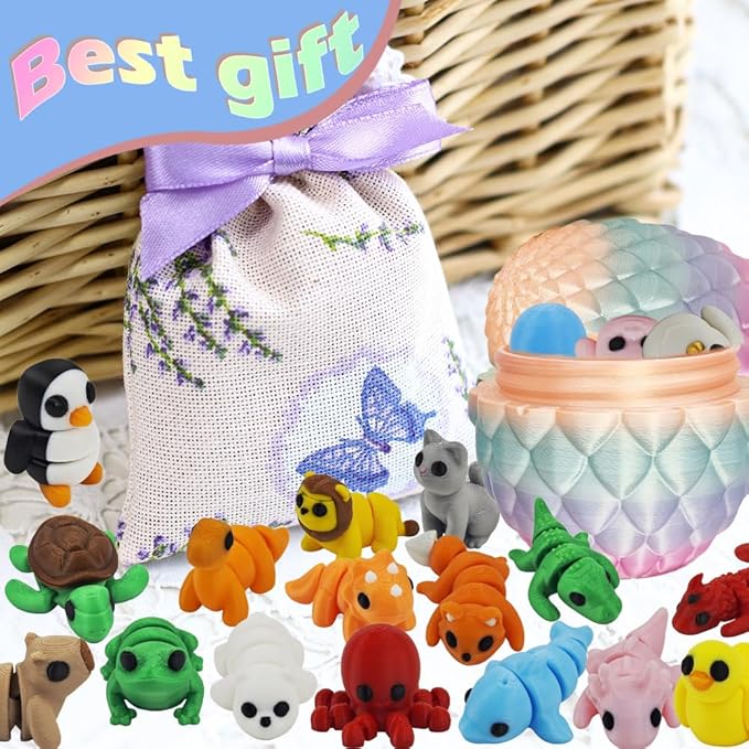 25PCS Mini 3D Printed Animal Figures Set with Dragon Egg, Premium 3D Printed Fidget Toys for Kids, Fun Party Favors, Unique Collector's Gift Set, Cute Desk Decor, Perfect Stress Relief Gift Idea