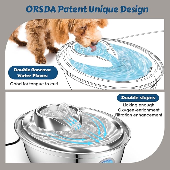 ORSDA Stainless Steel Cat Water Fountain, 100oz/3L Automatic Pet Drinking Fountain, Dog Water Dispenser Bowl with LED Window for Cats and Small & Medium Dogs- 12Pcs Filters（ D66