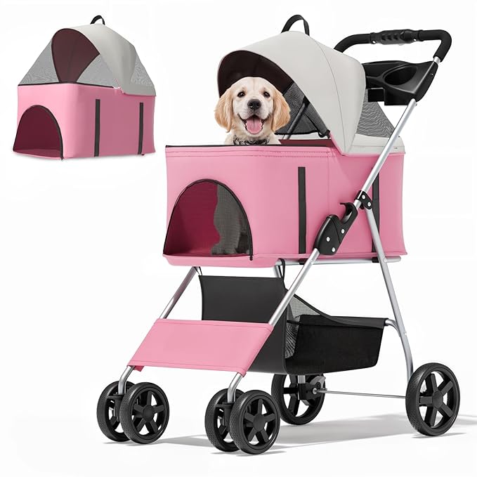 MoNiBloom 3 in 1 Foldable Pet Stroller for Small & Medium Dogs, Detachable Carrier, Car Seat, Push Button Entry, 4-Wheel Jogger for Pets up to 33 lbs, Pink