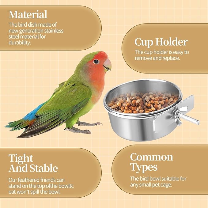 Bird Cage Feeder, Bird Feeder for Cage, 2 Pcs 10oz Stainless Steel Food Water Bowls with Clamp, Hanging Coop Cups for Parrot Cockatiel Hamster Rabbit Rat Small Animals
