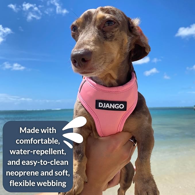 DJANGO Adventure Dog Harness - Stylish, and Durable Medium Dog Harness for Outdoor Adventures and Everyday Wear - Quartz Pink Neoprene Adjustable Harness for Dogs with Reflective Piping, Brass D-Ring