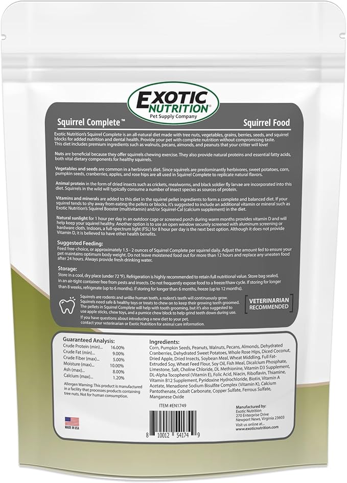 Exotic Nutrition Squirrel Complete (15 lb.) - Healthy Natural Food for Pet & Captive Squirrels - Ground, Grey, and Flying Squirrels, & Chipmunks
