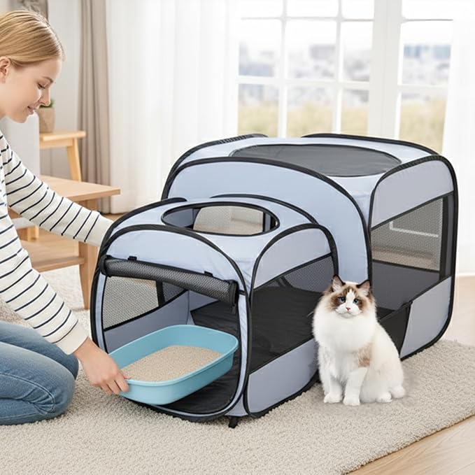 Pop up Portable Cat Playpen 2-in-1 Dog Playpen, No Assembly Need, Pet Cat Dog Tent Crates Kennel Cage, Cats Enclosure for Kitten and Puppy Indoor Outdoor Use(No Divider, Unified Space)