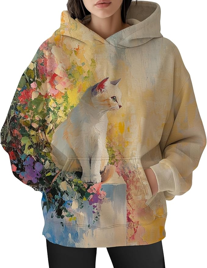 Womens Funny Cat Hoodies Oversized Graphic Hooded Sweatshirt for Women Fall Plus Size Pullover Hoodie Y2K