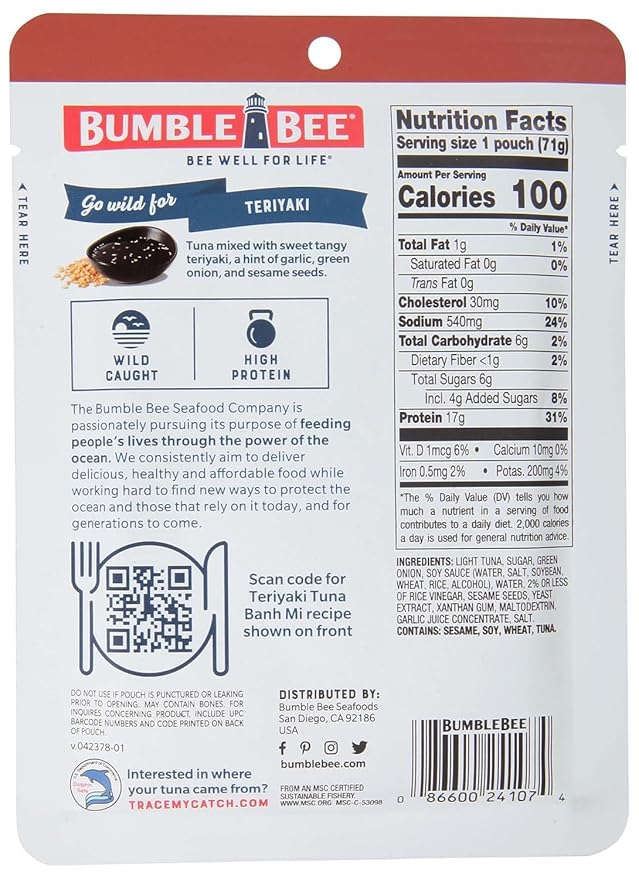 Bumble Bee Teriyaki Seasoned Tuna Pouch - Wild Caught and Ready to Eat for Snack, Salad, Korean Tuna Bowl - 17g Protein per Serving - PERFECT, PORTABLE, GOODNESS - 2.5 oz Packet (Pack of 1)