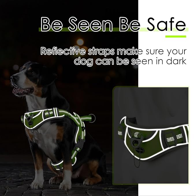 ADVENTUREMORE No Pull Large Dog Harness, Sport Dog Halter Harness Reflective Breathable Dog Vest Escape Proof Dog Harness with Easy Control Front Clip Handle for Training Walking XL Green
