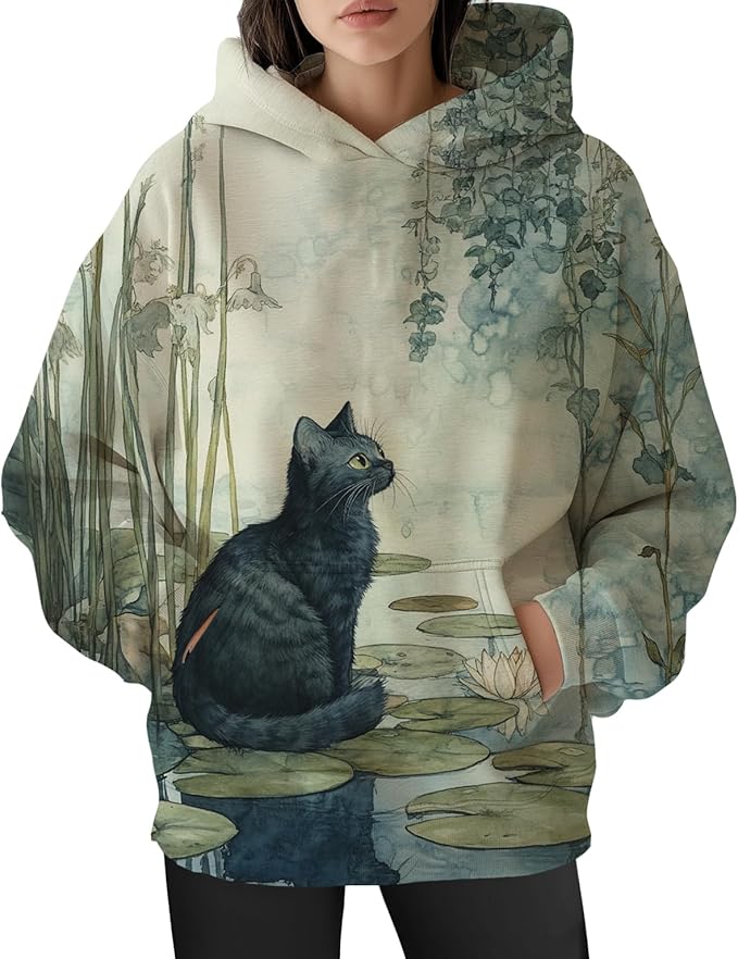 Womens Funny Cat Hoodies Oversized Graphic Hooded Sweatshirt for Women Fall Plus Size Pullover Hoodie Y2K