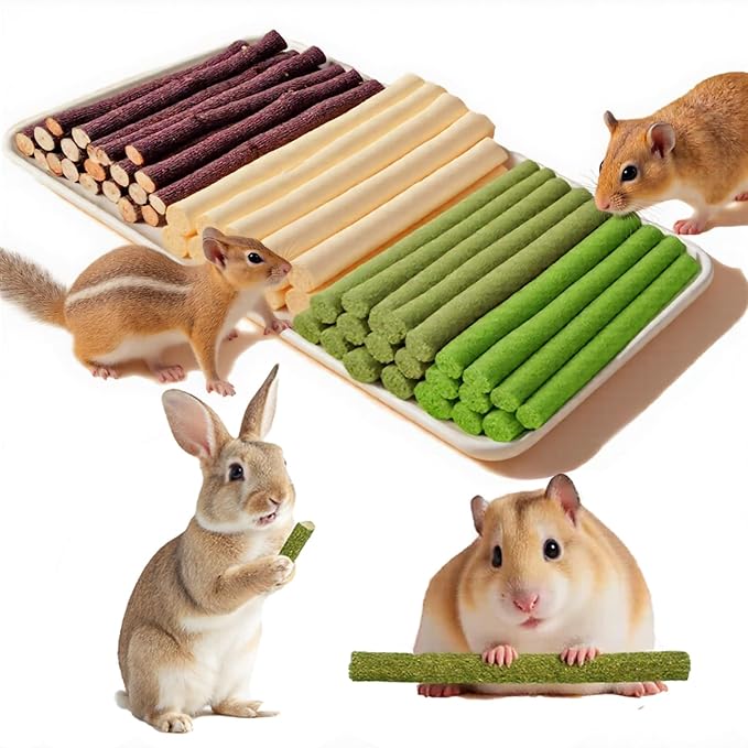 Rabbit Toys 285g/10oz 4 in 1 Bunny Chew Treats for Grinding Teeth Guinea Pig Biting Toy Hamster Molar Food Timothy Sticks Sweet Bamboo Apple Branch Dental Snacks for Small Animals Rodent
